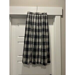 Vintage L.L. Bean Wool Black Green Plaid Long A-Line Pleated Skirt Sz 8 Preppy